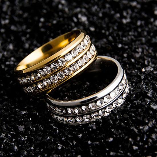 Ring Wide-width Fadeless Titanium Steel Double Rows Rhinestone Unisex Jewelry for Wedding Party