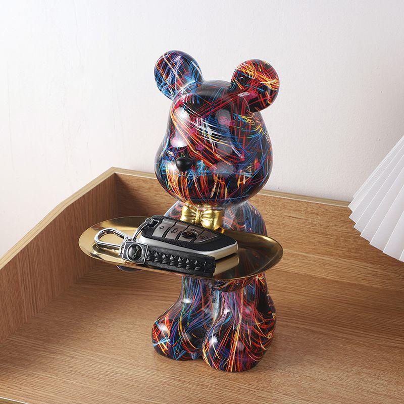 26cm Graffiti Abstract Resin Standing Bear Storage Statue Cute Animal Organizer Desk Decor Holder Gift for Home Office Ornament