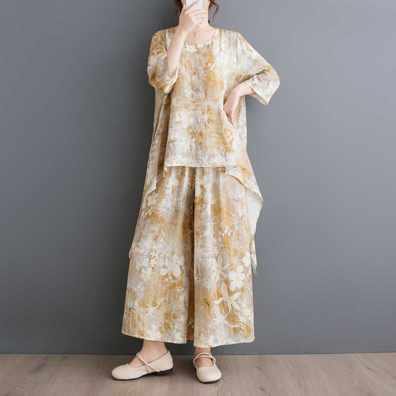 GMXIA Plus-size, Artistic, Irregular, Chubby Girl Patterned and Stylish Suit, Wide-leg Pants, Concealing and Slimming Women's Two-piece Set