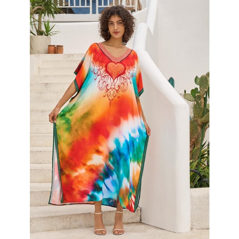 Vestidos Casuales de Moda para Mujer Verano Primavera Estampado Color Block Mangas 1/2 Cuello en V Cintura Holgada