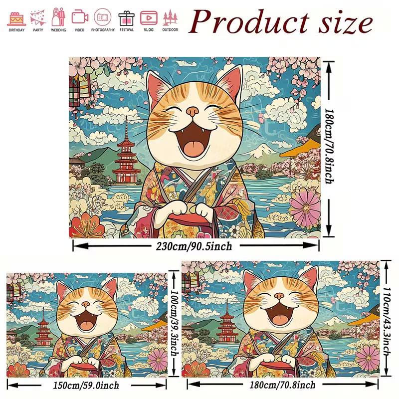 Arazzo da camera da letto Gatto Kimono Carino Ridente 2D Paesaggio Giapponese Tradizionale