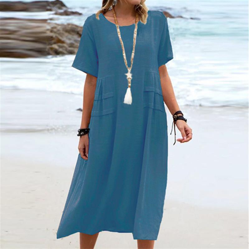 Summer Women's Elegant Long Cotton Dress Round Neck Vacation Loose Short Sleeve Midi Dresses