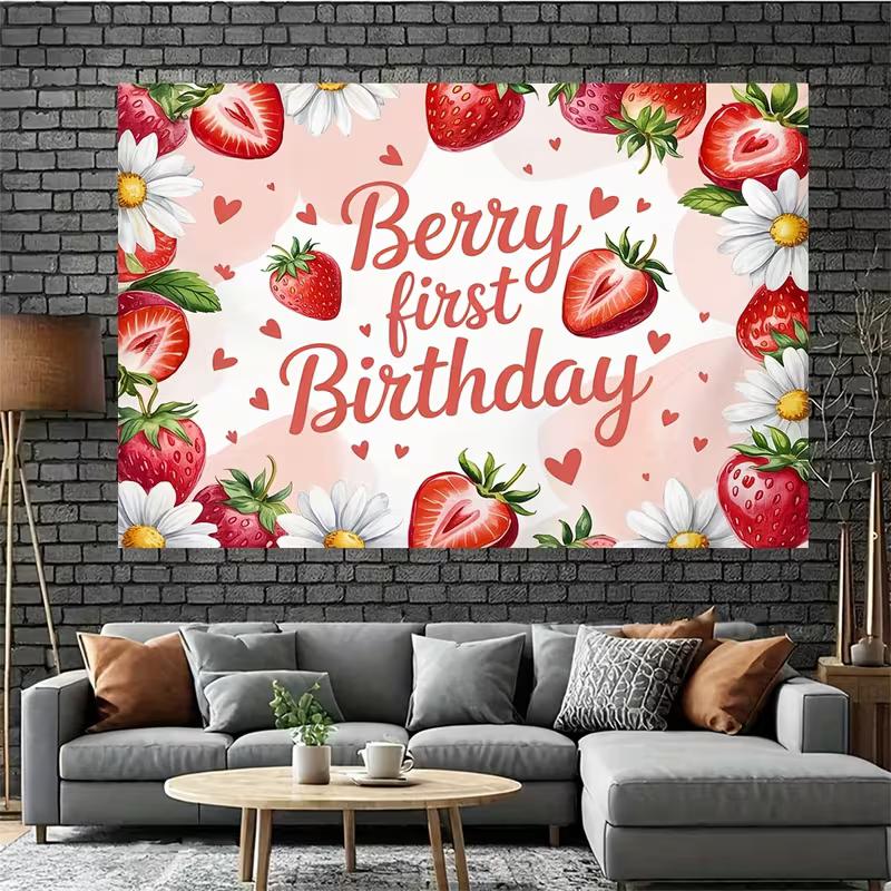 2D Pink Strawberry Themed Backdrop Sweet One First Birthday Celebration Photo Background