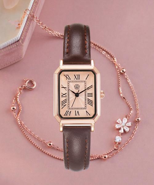 [Volkswagen Watch] Volkswagen Watch Square Classic Leather Watch Rose Gold + Bracelet Set #ERROR! (Formula parse error.)