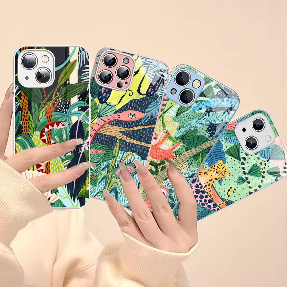 Jungle Art Illustration Snake Cats Sloth Tempered Glass For Iphone 14 13 12 11 Pro Mini XS MAX 14Plus X XS XR Fundas
