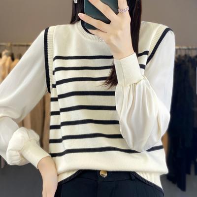Women's Fake Two-piece Knitted Sweater Spring New Long-sleeved Retro Striped Pullover Top