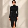 Damen Bodycon-Kleid mit hohem Kragen, Falten und langen Ärmeln, seitlichem Schlitz, für Abendgarderobe