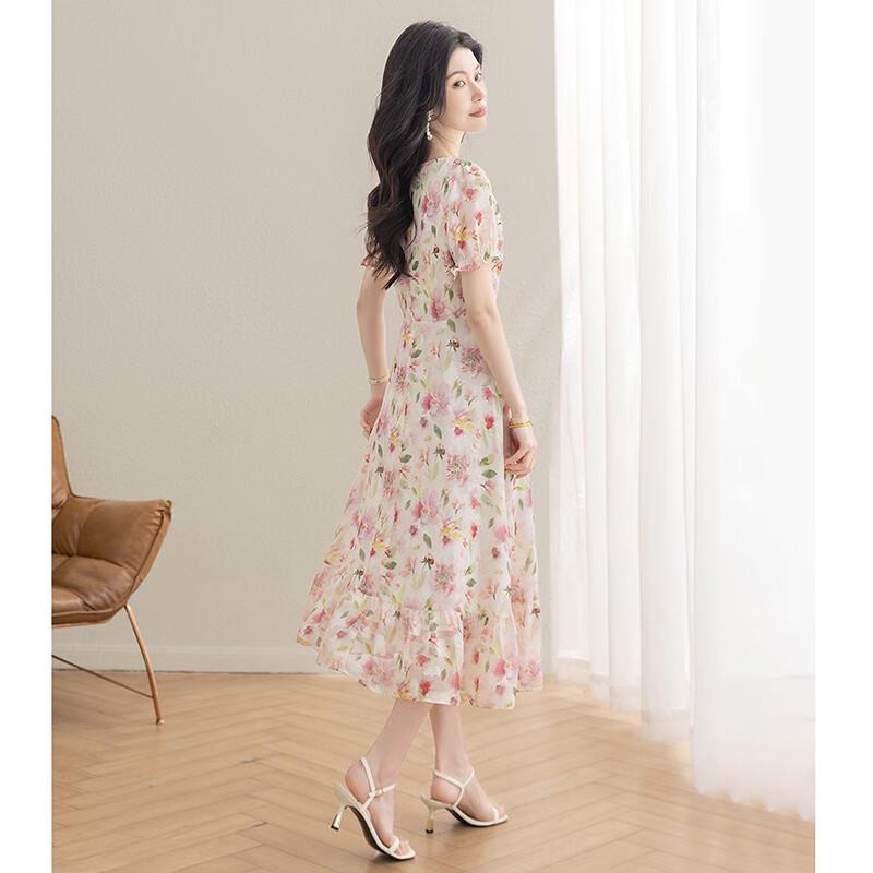 Women's Floral Square Neck Puff Sleeve High Waist A-Line Midi Dress