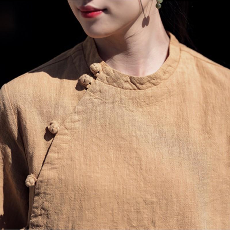 Johnature Koszule damskie w stylu vintage Bluzki Stójka Krótki rękaw Letnie bluzki Jednolity kolor Koszule zapinane na guziki