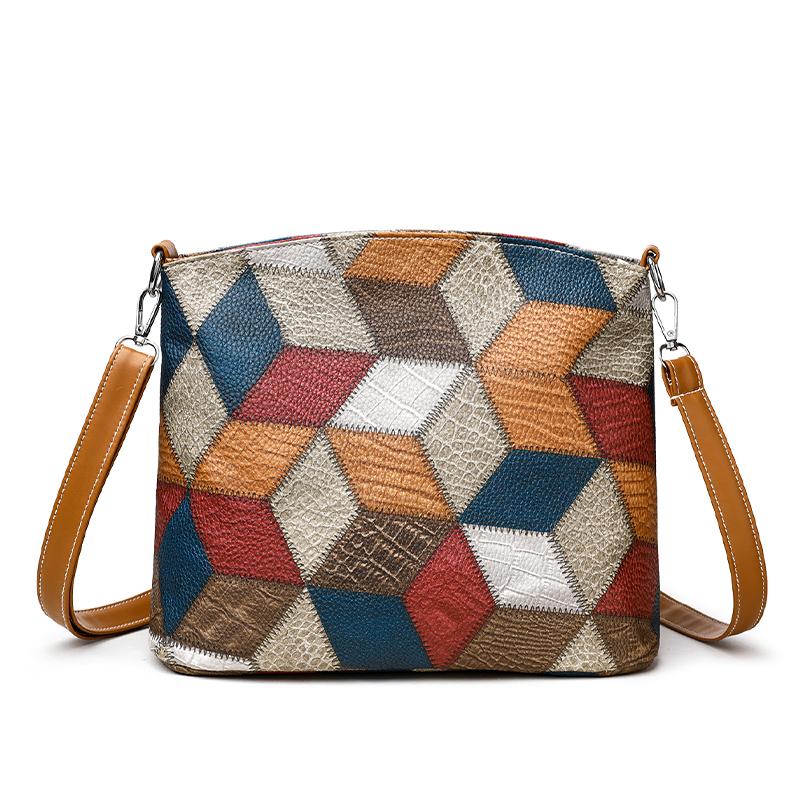 Retro Color PU Shoulder Bag, Large Capacity Mom Bag, Stylish and Versatile, Geometric Pattern