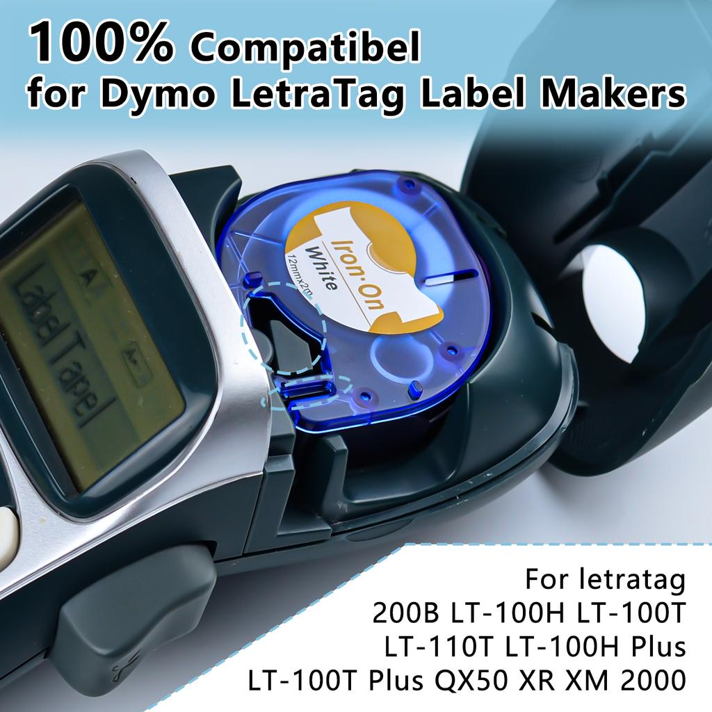 3-10PK 12mm Fabric Iron-on Labels Compatible for DYMO LetraTag A18771 A18768 Black on White Label for LetraTag Plus LT100H Maker