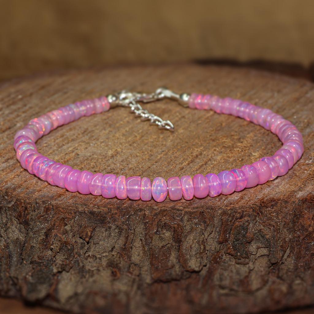 Pink Opal Smooth Beads Bracelet for Women, Ethiopian Opal Beads Handmade Bracelet, October Birthstone Beaded Bracelet, Gift for Her