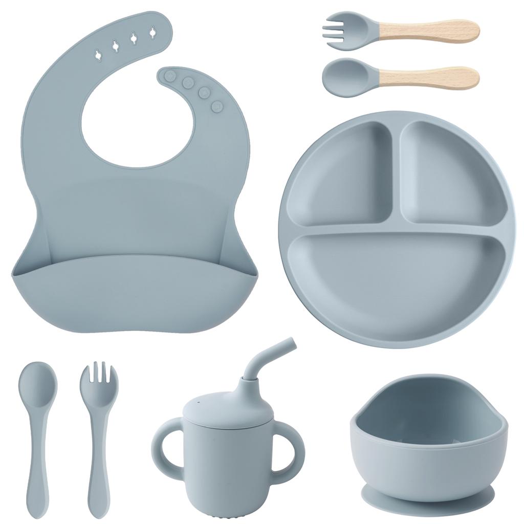 Color Kids 8PCS Silicone Baby Feeding Set With Bowl Suction Plate BPA Free Waterproof Bib Spoon Fork Toddler Training Utensils