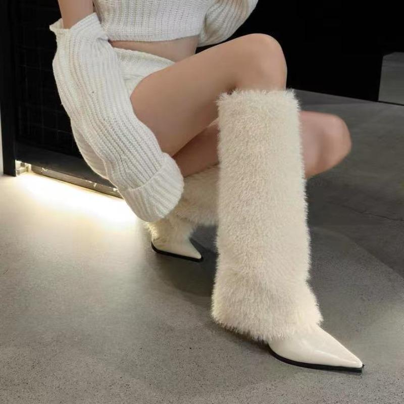 The 2025 Autumn/winter New Style of Fashionable and Warm Furry Pointed-toe Thin-heeled Stylish Long-sleeved Fashion Boots