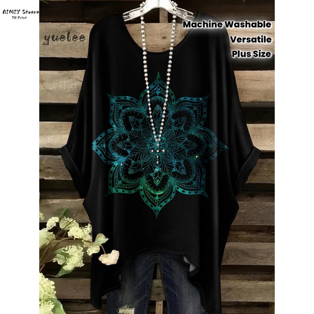 T-shirt Elegante Bohemien da Donna Stampa Notte Stellata Bianco Pois su Tutta la Superficie Orlo Asimmetrico Scollo a O Moda Casual Donna Abbigliamento Y2k