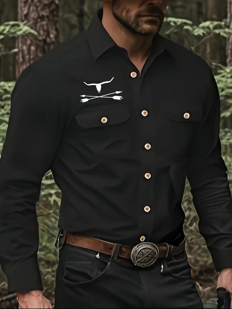 2025 Denim Series Bullhead Print Men's Casual Button-Down Shirt with Turn-Down Collar