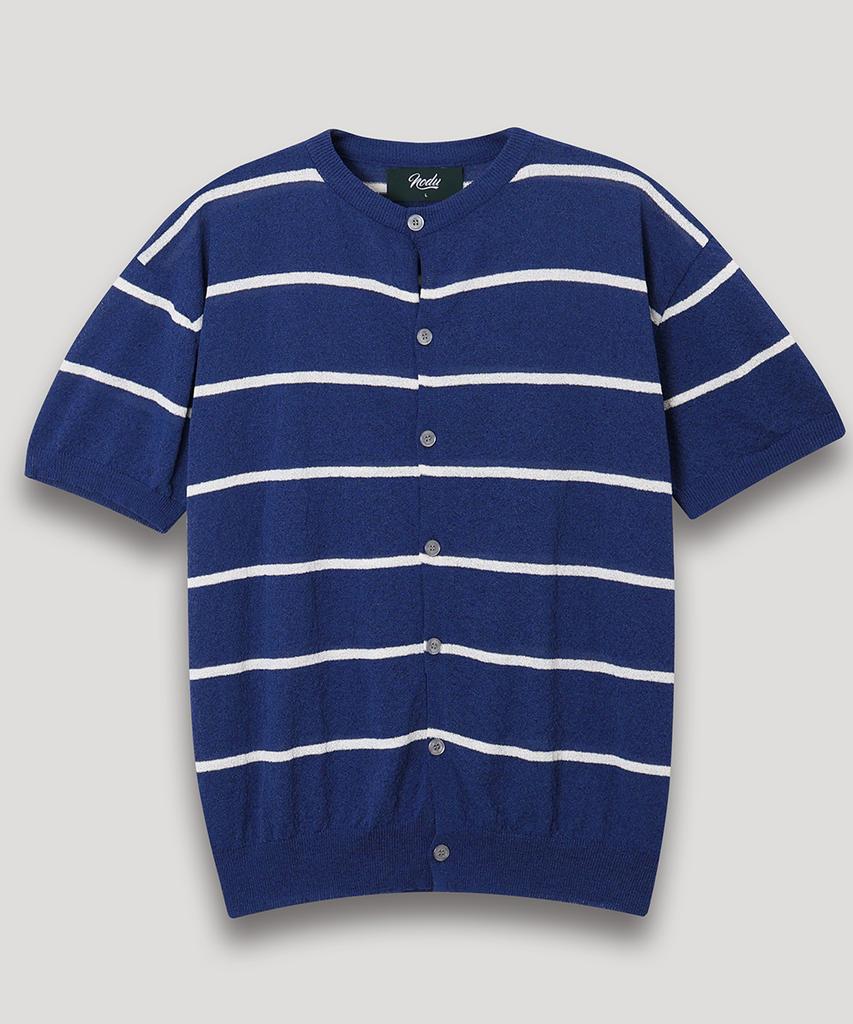 Nodu Summer Striped Round Short Sleeve Cardigan [Blue]