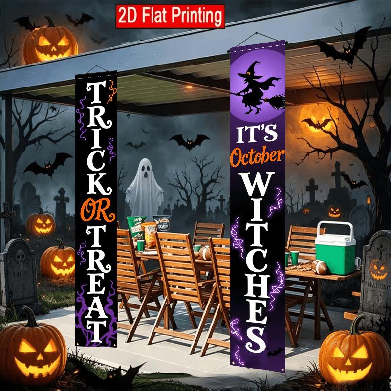 2D Flat - 2pcs 2D Flat for halloween Witch Theme, 30.48X179.83 cm Polyester Door Couplets, Trick Or Treat Slogan Design, Suitable for Halloween Outdoo