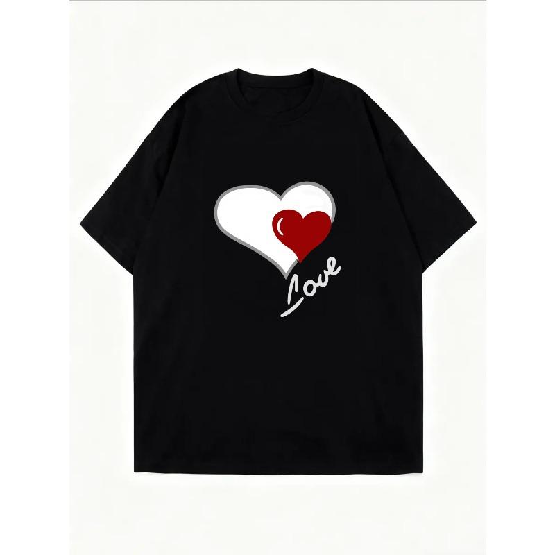 Crewneck T Shirt White Heart Love Print Casual Wear For Women Summer Outfit