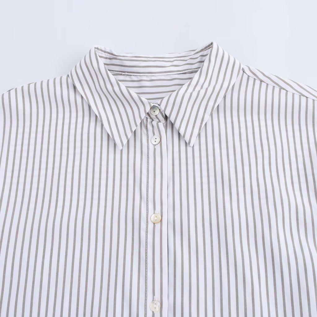 Spring 2025 Women's European & American Style Striped Long Sleeve Casual Shirt with Turn-Down Collar