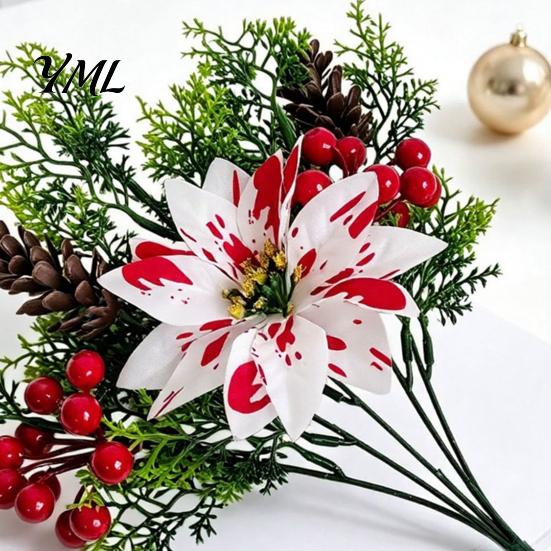 Home Interior Floral Accents 5 Heads Artificial Poinsettia Flowers, Christmas Fake Pine Berry Decoration, Flowers Fade-Resistant Red And White