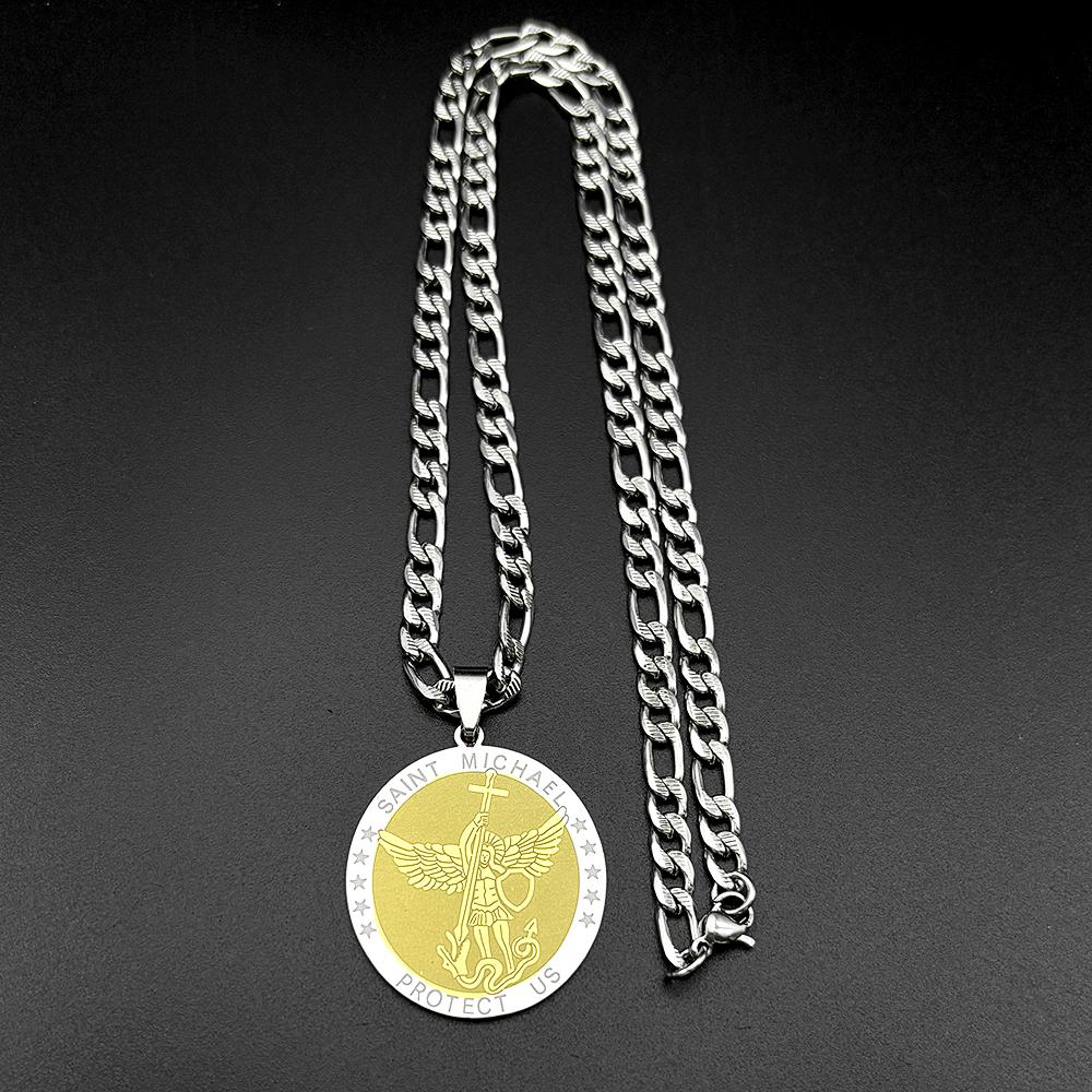 Archangel SAINT MICHAEL PROTECT US Round Pendant Necklace for Women Men Stainless Steel Gold Color Chtistian Chain Jewelry Gift
