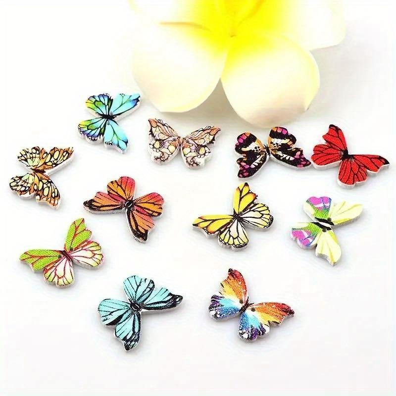 50PCS 2 Holes Mixed Colorful Butterfly Wooden Buttons Fit Sewing and Scrapbooking for Craft DIY Mix Colorful Fabric Decorations