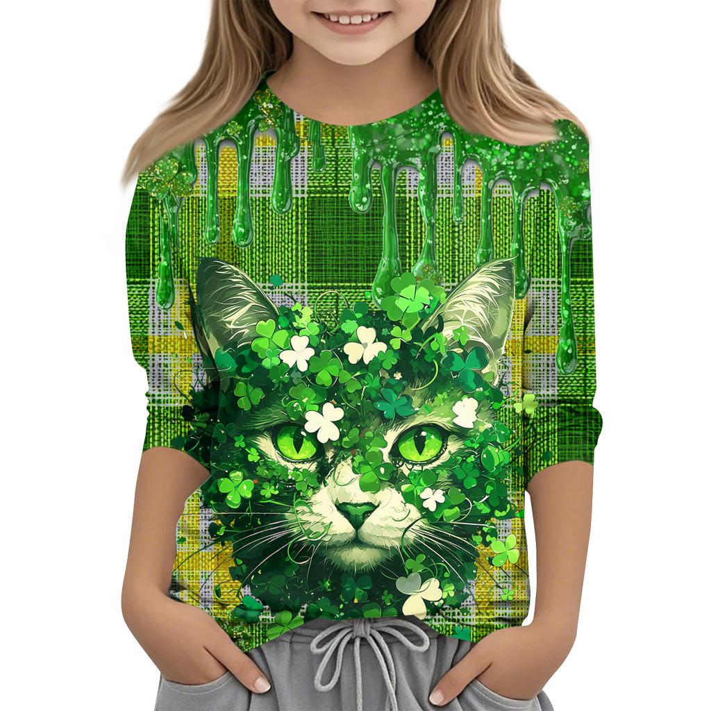 St. Patrick's Day Print Tops Für Jugendliche Mädchen 4-11 Jahre Rundhals 3/4 Ärmel T-Shirts Trendige Tops Outfit T-Shirts