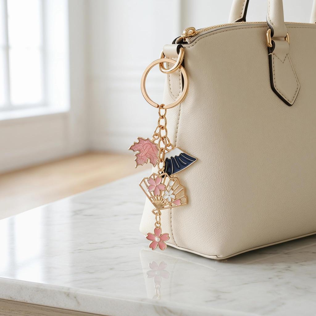 [FOMIYES] Keychain Set - Japanese Style - Mt. Fuji, Cherry Blossoms, Autumn Leaves - 5-Piece Set - Japanese Style Souvenir Bag Charm - Enamel Zinc