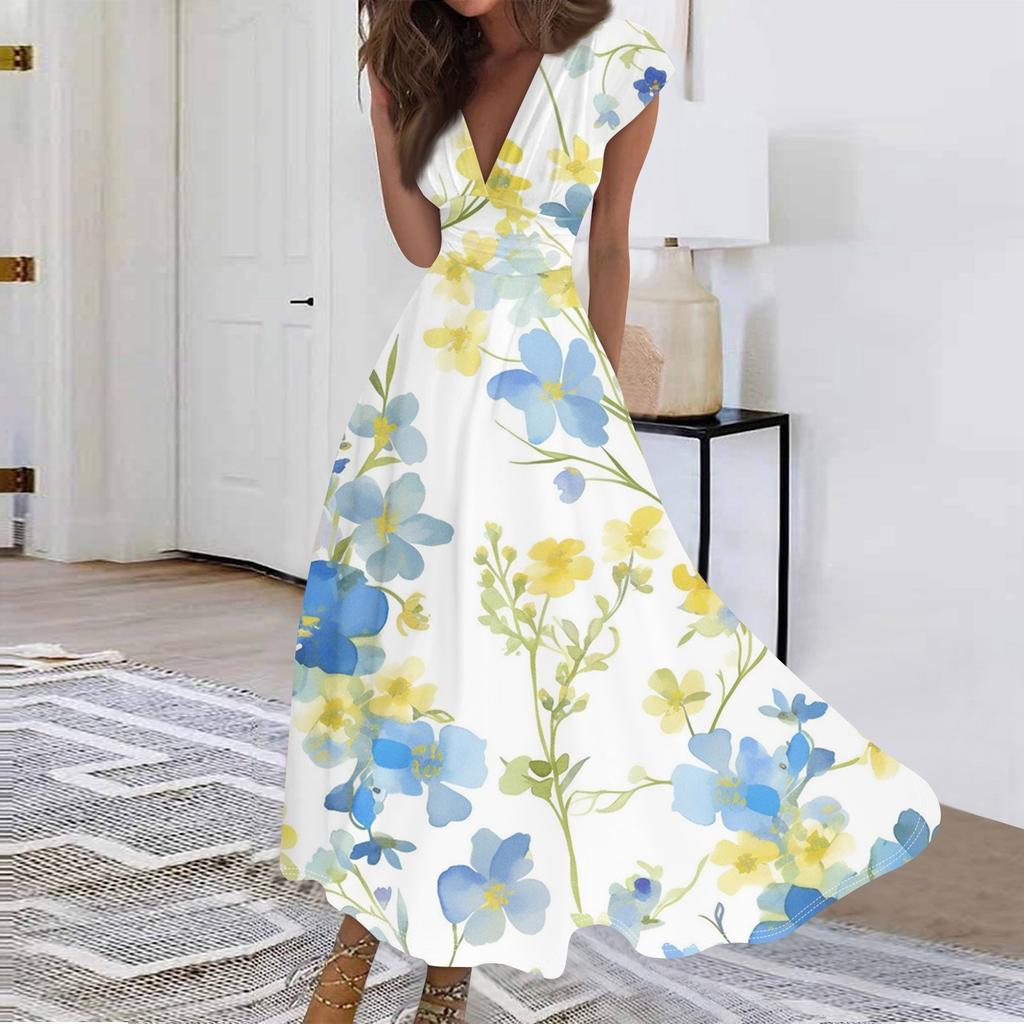 Women's Long Casual Dress Summer Short-Sleeve V-Neck Waist Retraction Printed Dress