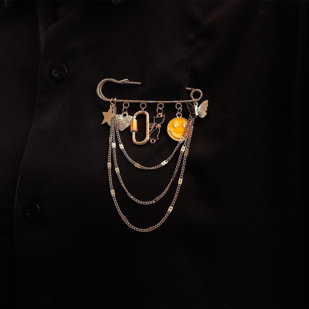 Multi-element yellow smiley face fringed pendant brooch accessories, punk temperament pendant