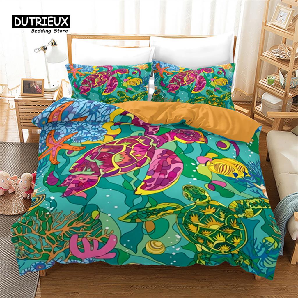 Sea Animal Duvet Cover Octopus Turtle Starfish Queen Bedding Set Microfiber Ocean Life Bedding Set King For Kids Boys Girls Teen
