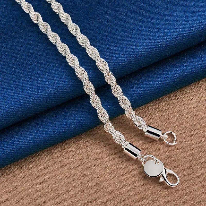 Charm 925 Sterling Silver Accessories Men 4MM 40-60cm 2PCS Rope Chain Necklace Bracelet Women Fashion Wedding Gift Jewelry