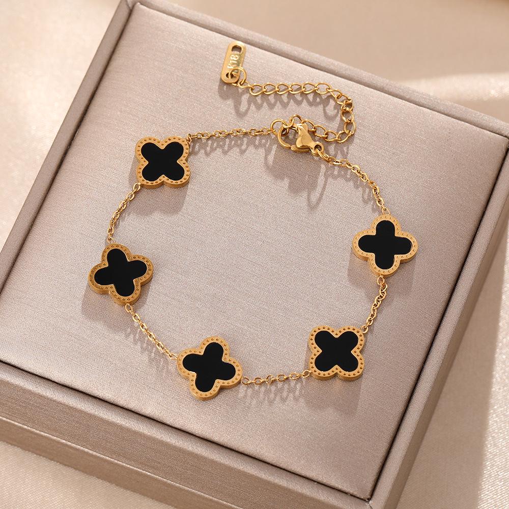 Luxe Titanium Staal Vierbladig Klaver Armband in Koreaanse Stijl met Ingelegde Diamanten voor Vrouwen - Kleurvast