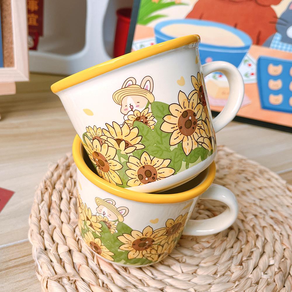 Cute Cartoon Ceramic Cup Flowers Rabbit Sunflower Water Cup Milk Cup Breakfast Cup Girl Gift Cup