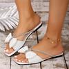 Fashion Plus Size 2025 Summer New Women's Square Toe Low Heel Bow Tie Crystal Slippers Wide Fit Outdoor Dress Casual Elegant Sandals