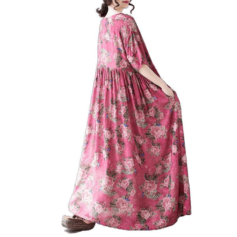 Summer new simple bohemian long dress fattened and enlarged short-sleeved crew neck printed dress women's clothing
