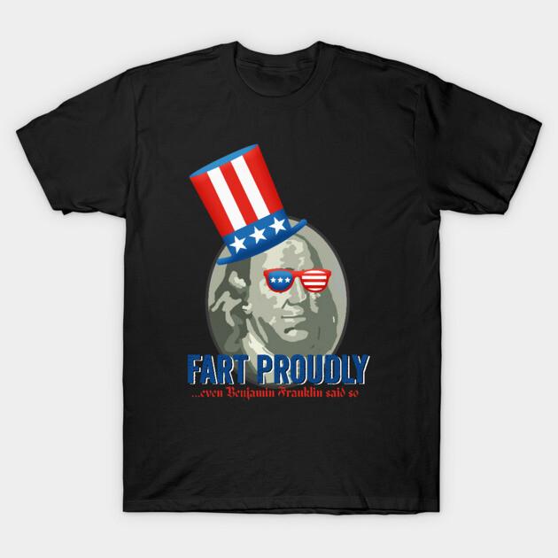 Asian Size Men Black Print T-shirt 4Th Of July - Benjamin Franklin Fart Proudly No-Cut Print Cotton Tshirt 3XL чёрный