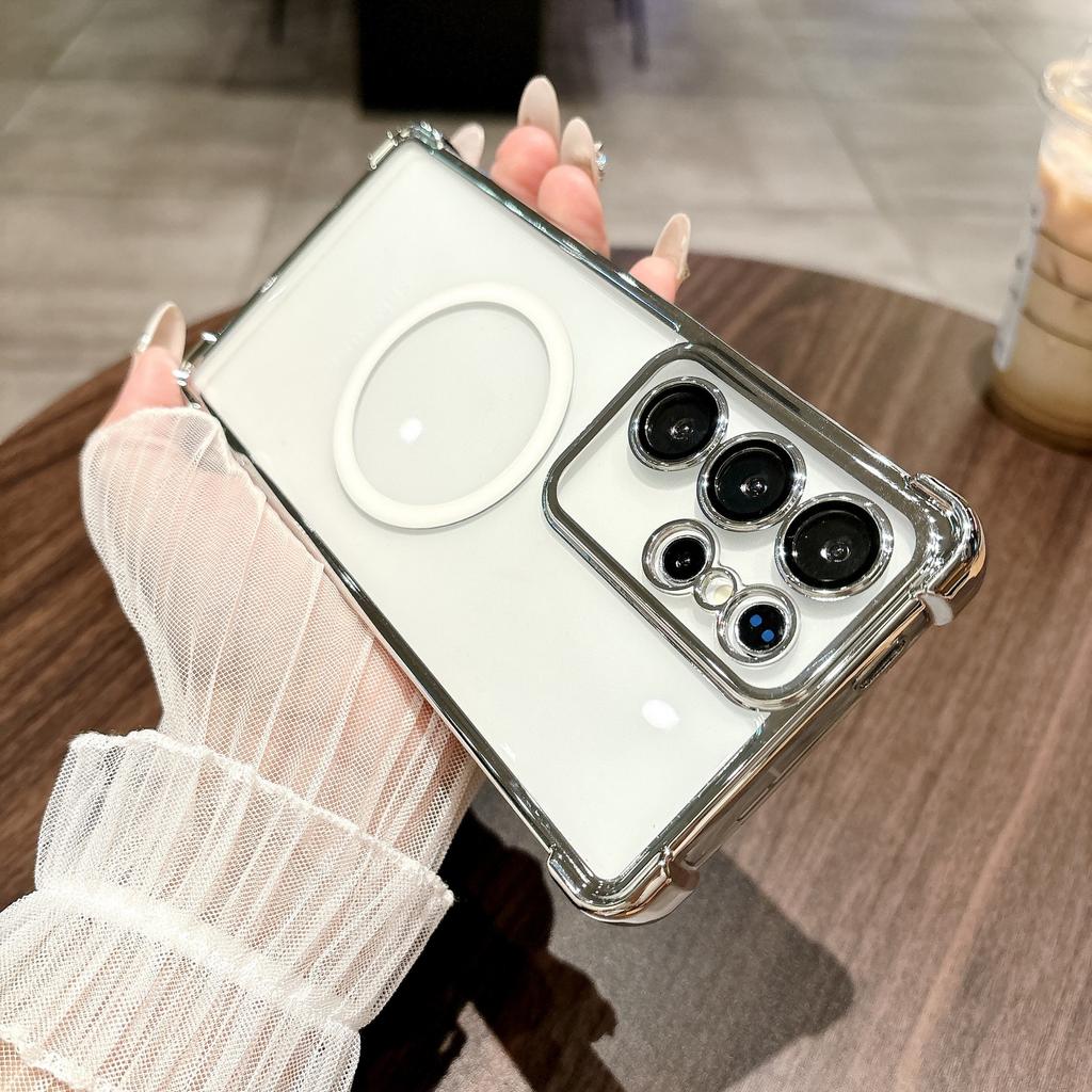 Suitable for Samsung S25 Ultra Mobile Phone Case Four Corner Airbag Anti Fall Magnetic Charging S24 Transparent Electroplated Hard Shell 23F