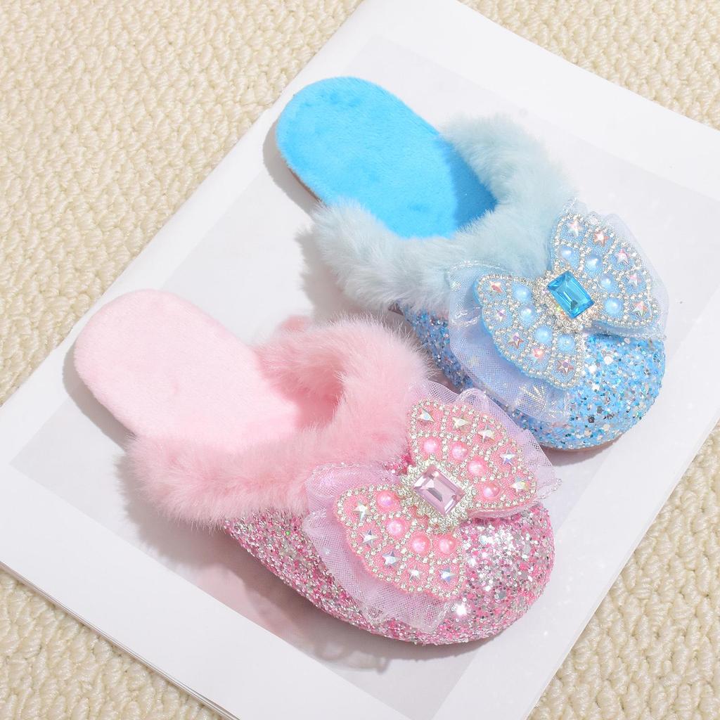 Girls' Bow-Knot Furry Cotton Slippers - Cozy Autumn & Winter Shoes for Girls and Babies.