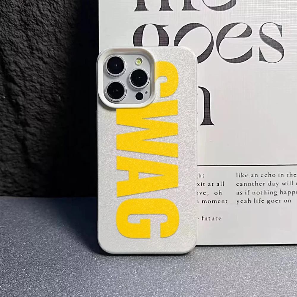 

Fashion Yellow SWAG Letter Lychee Grain Phone Case for iPhone 17 AIR 16 15 14 13 12 11 PRO MAX PLUS Y2K Shockproof Soft Cover iPhone 14 Pro Max білий