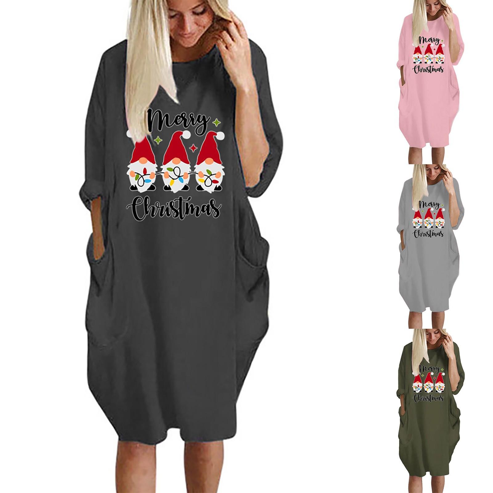 

Женская повседневная мода с рождественским вырезом и повседневным принтом с длинными рукавами и длинными карманами Топ с Рождеством