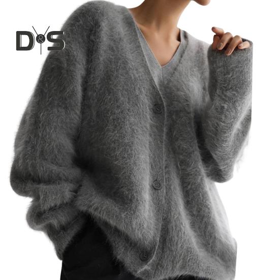 

Женское трикотажное пальто с V-образным вырезом и длинным рукавом, однотонный однобортный свитер, свободный крой, эластичная верхняя одежда S серый