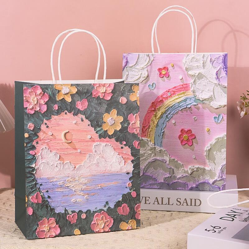 Gift Bags, Birthday Present Handbags, Holiday Gift Storage Bags, High-End Shopping Packaging Bags, Cute Paper Bags with Oil Painting Landscape