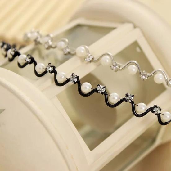 Fashion Wave Faux Pearls Rhinestones Metal Women Headband Hair Band Headwear