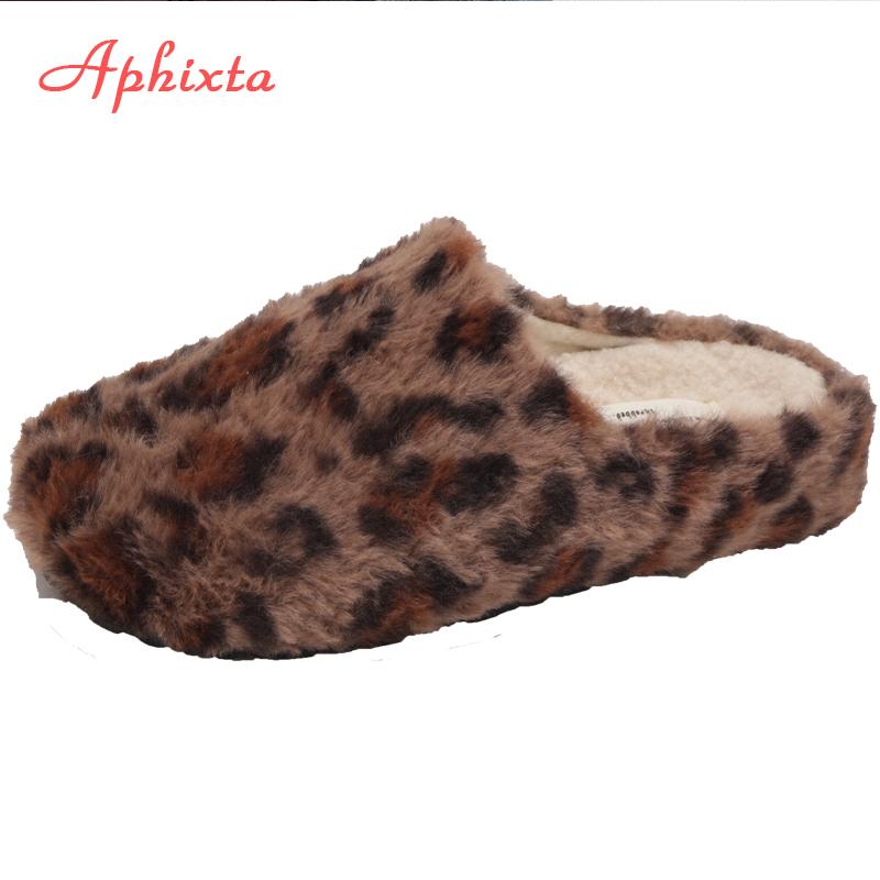 Aphixta Leopard Round Toe Warm Winter Slippers New Fluffy Platform Slippers for Women 2024 Winter Plush Warm Cotton Shoe