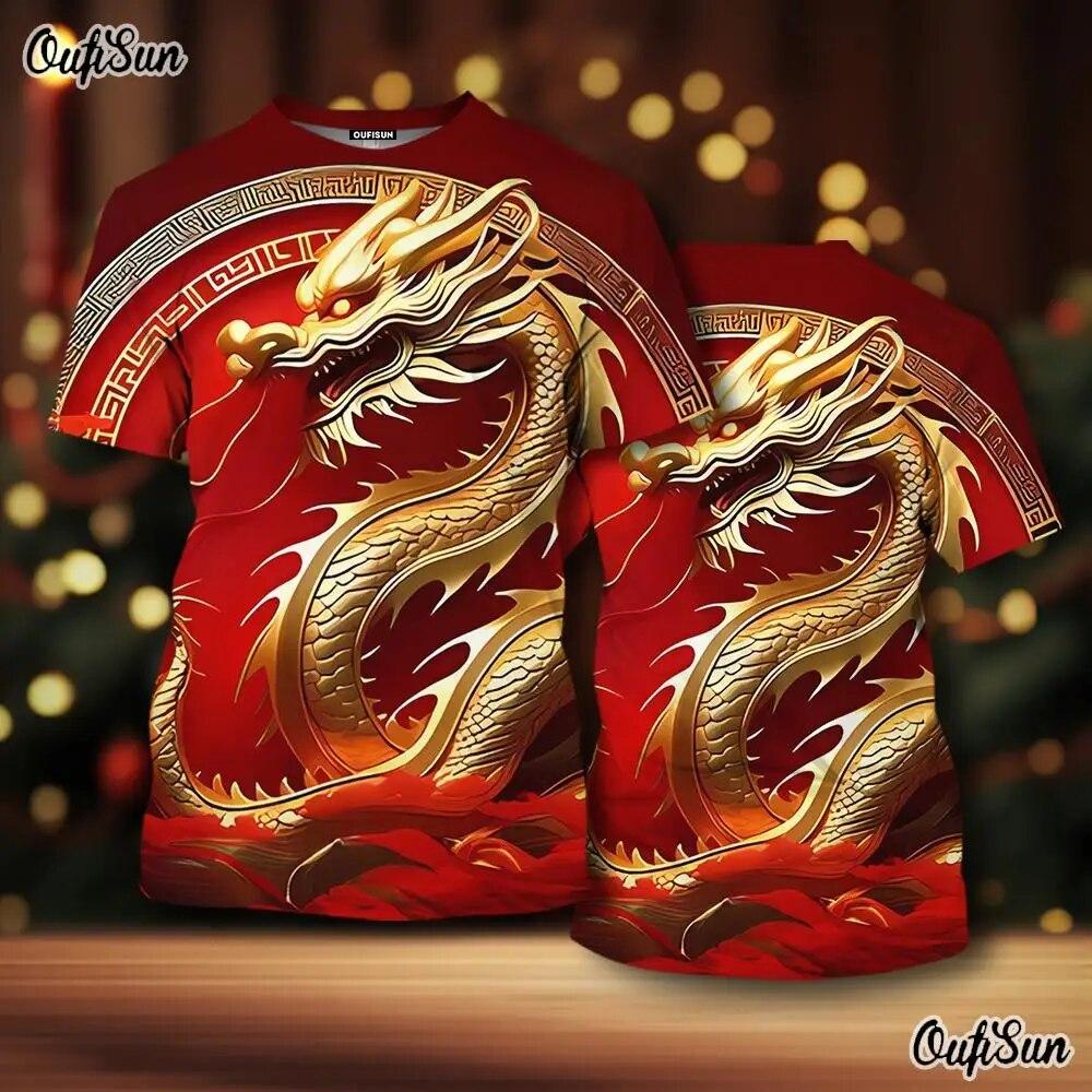 2024 Neujahr Herren T-Shirt Drache 3D-Druck Tiermuster Herren T-Shirt Chinesisches Jahr des Drachen Kurzarm rote Tops