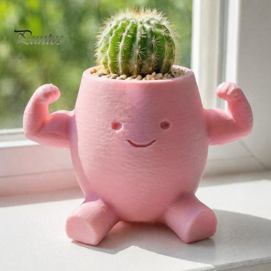 Sculptural Indoor Planter Cute Muscular Man Planter, 3D Printed Smile Face Plant Innovative PLA Pot, Decorative Funny Container for Succulents