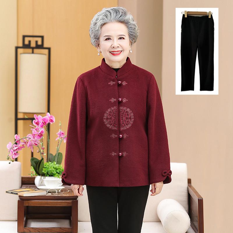 Spring and Autumn Wool Coat for Elderly Women: Elegant Tang Suit for 70-Year-Old Moms and Grandmas
