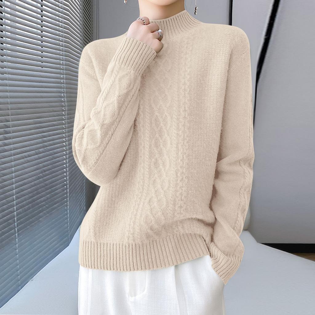 Women's Long Sleeved Knitted Sweater Twisted Pattern Half High Collar Top
